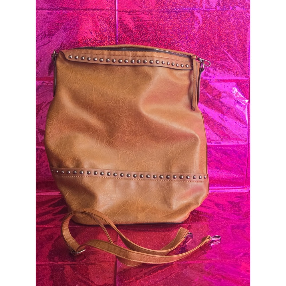 Sam and Hadley Brown Cognac Vegan Leather Barrel Bucket Bag with Rivets LARGE